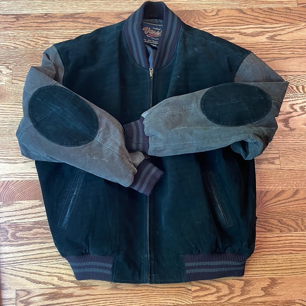 Vintage Varsity Mens XXL Black Suede Leather Zip Front Lettermans Jacket 🔥
